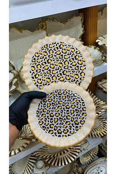 GÜRCÜGLASS Leopar Desenli 7 Parça Pasta Takımı 1 Adet Servis Tabağı 6 Adet Pasta Tabağı