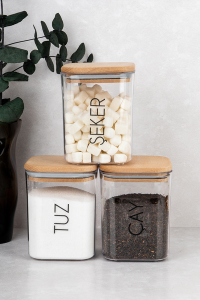 DNS HOME 3-Piece Tea Sugar Salt Storage Container Wooden Vacuum Jar with Lid Mica 900 ml