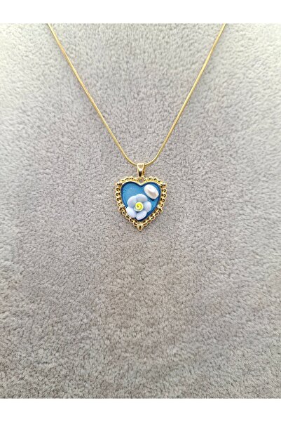 Han Ticarethane Gold Color Special Embossed Enameled Blue Heart Model Steel N...