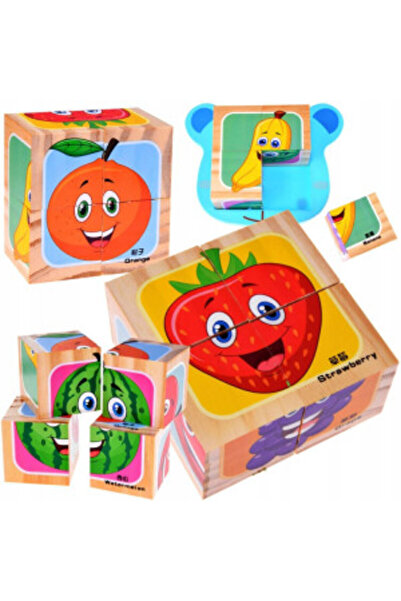 Jokomisiada Educational Wooden Construction Set, 4 Wooden Blocks, Fruits Puzzle