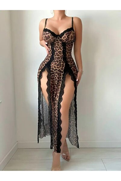 Felisya Butik Kadın Askılı Dantelli Tül Leopar Gecelik Elbise-Felisya Butik