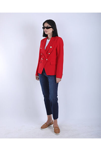 deqfashion Women's Red Double Breasted Buttoned Premium Blazer Jacket