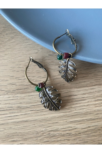 dela otantik Handmade Leaf Pattern Hoop Earrings - Nature Themed Authentic Bohemian Bijoux Jewelry - Leaf Earrings