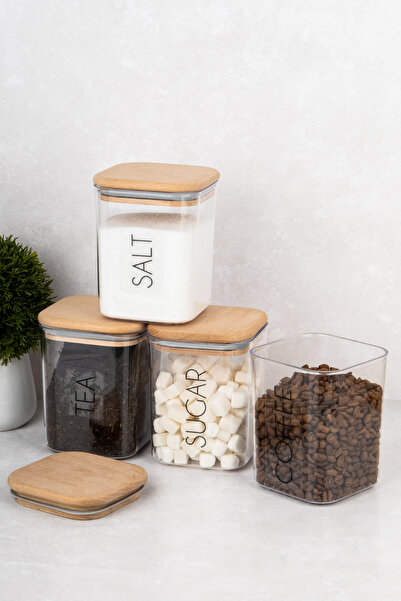 DNS HOME 4 Pieces Storage Container Wooden Vacuum Lid Tea Sugar Coffee Salt Jar with Label Gift Mica 900 ml