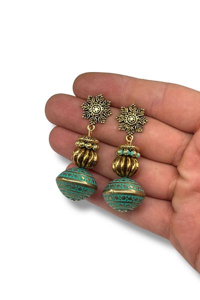 dela otantik Handmade Turquoise and Gold Color Bohemian Dangle Earrings – Authentic Ethnic Big Stone Bijoux Jewelry