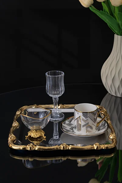 Yaren Style Set of 6 Gold Detailed Coffee Side Glass Turkish Delight Bowl & Sauce Bowl |   Luxury Pedestal Presentation Set