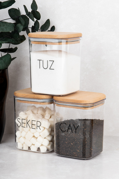 DNS HOME 3-Piece Tea Sugar Salt Storage Container Wooden Vacuum Jar with Lid Mica 900 ml