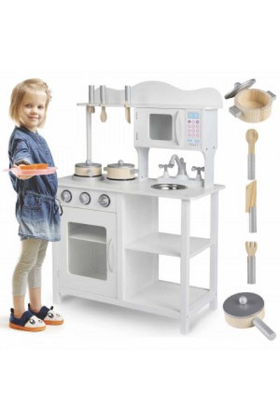 Ricokids Wooden kitchen for children 60 x 30 x 85 cm, stove, sink, microwave, dishes, utensils, Ricokids, RC-
