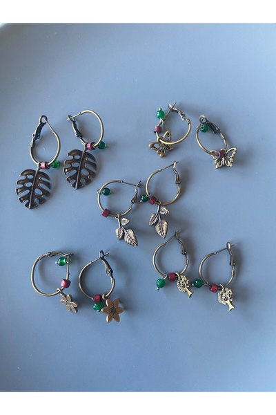 dela otantik 5 Pairs Nature Themed Tiny Hoop Earrings Set – Handmade Authentic Bohemian Leaf Butterfly Tree Bijoux Jewelry