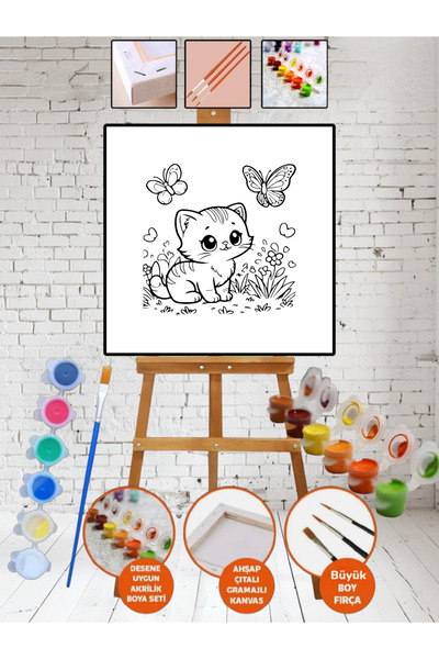 Elittablo Tablo Kedi Boyama 20x20 Tuval Boya Seti Çocuk Hobi