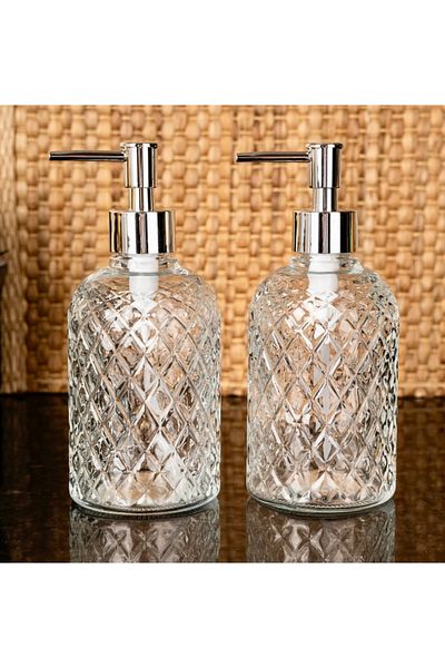 BALCI HEDİYELİK 2Pcs Luxury Glass Liquid Soap Dispenser Dishwashing Liquid Bottle Soap Dispenser Set