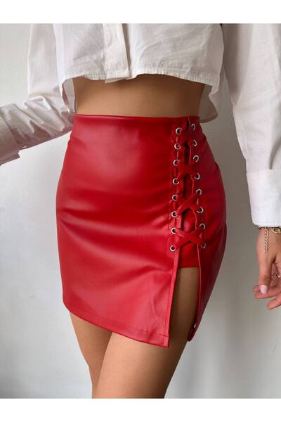 Bleu Petite Faux Leather Women's Skirt with Bird's Eye Detail
