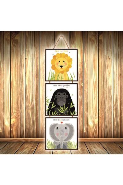 hazalshop Poster retro triplu din lemn cu design Lion Monkey Elephant Kingdom...