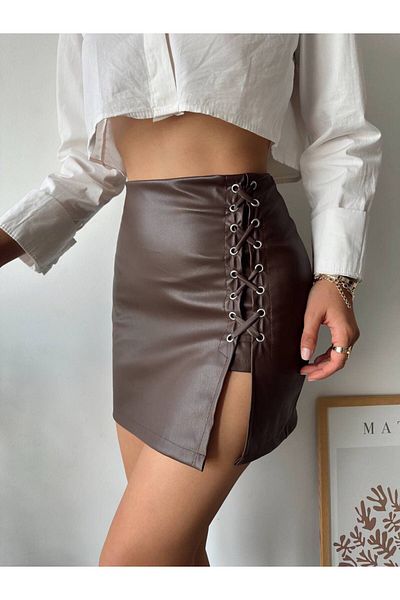 Bleu Petite Faux Leather Women's Skirt with Bird's Eye Detail