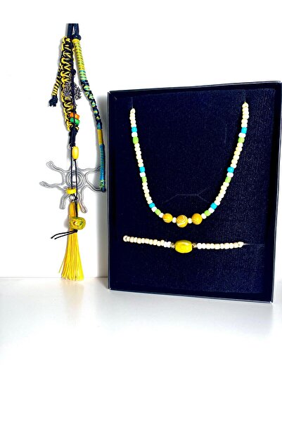 She Sells Handmade Colorful Beaded Necklace & Bracelet Set + Charm Keychain