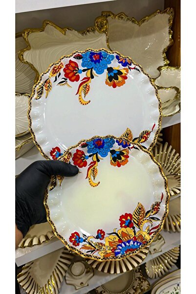 GÜRCÜGLASS Çiçek 7 Parça Pasta İkram Seti 1 Adet Servis Tabağı 6 Adet Pasta Tabağı