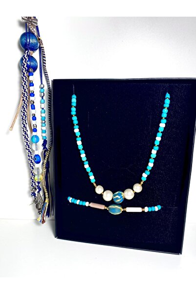 She Sells Handmade Colorful Beaded Necklace & Bracelet Set + Charm Keychain