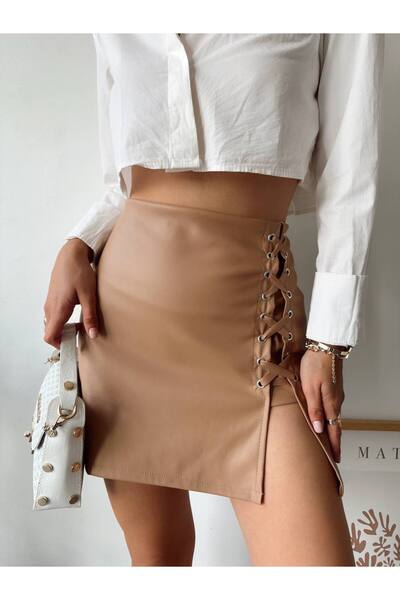 Bleu Petite Faux Leather Women's Skirt with Bird's Eye Detail