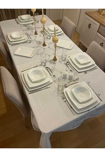 Zeren Home Gray Embroidery Detailed Worry-Free Table Cloth Off White + 12 White Napkins