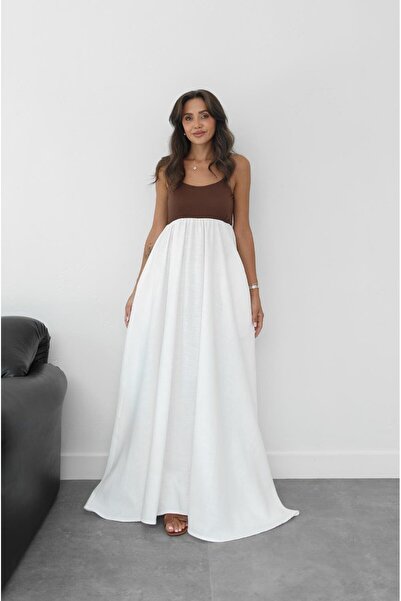 Havoş Καφέ συνονθύλευμα μάξι λινό φόρεμα