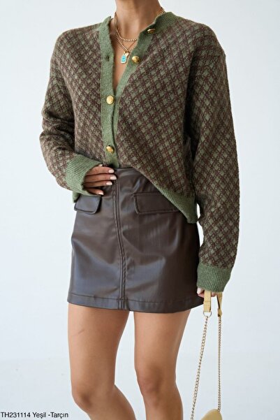 Genel Markalar Desenli Düğmeli Triko Hırka