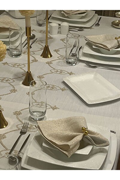 Zeren Home Glitter Gold Embroidery Detailed Carefree Tablecloth Off White + 6 Gold Napkins