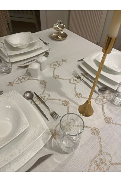 Zeren Home Glitter Gold Embroidery Detailed Carefree Tablecloth Off White