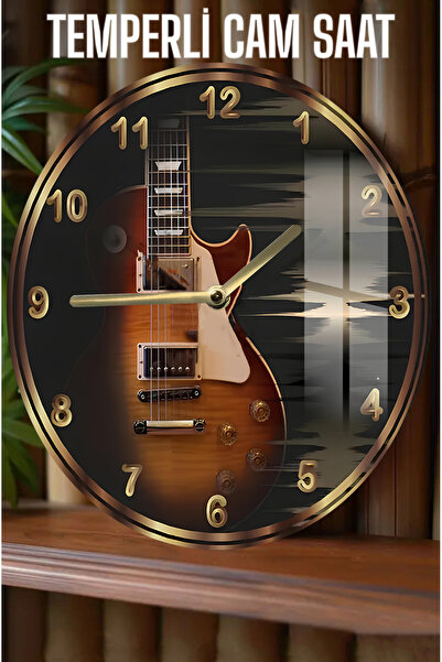 kutuTR Elektro Gitar Tasarımlı 3D Görünümlü Temperli Cam Saat – 33 cm CSDW418