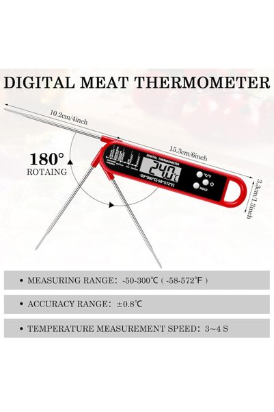 OEM Termometru digital de bucatarie, rezistent la apa, ecran mare, sonda pliabila, rosu, 155x40x1.7mm