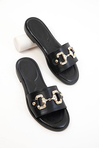 FTT SHOPPING MARKET Toha Black Leather Buckle Slippers