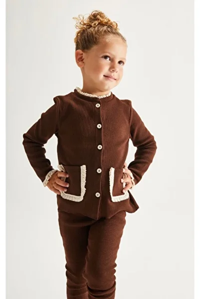 Pinkitokids Fisto Detailed Knitwear Girl's Cardigan and Leggings Set-Brown