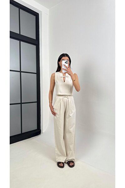 Gaus بنطلون بياقة حجرية وتفاصيل ربط وخصر مطاطي وجيب ZR بدلة كتان متوافقة مع Gaus00398