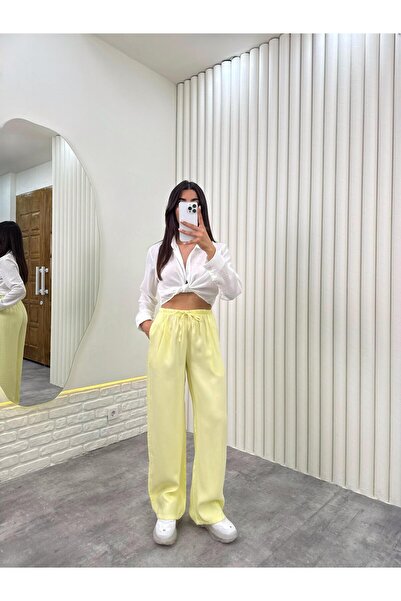 Gaus Sarı Beli Lastikli Cepli Tensel Pantolon Gaus00314
