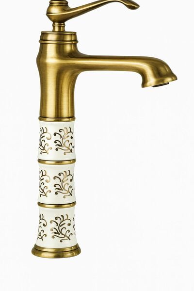 RUDİS Armature Premium Antique Gold Brass Bowl Sink Faucet – Waterfall Design with Ceramic Detail