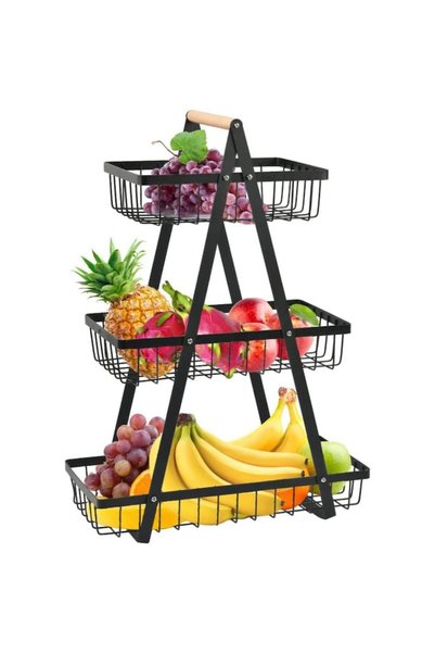 OEM Cos De Fructe Decorativ, 3 Etaje, 47x33x18 cm, Metal, Negru