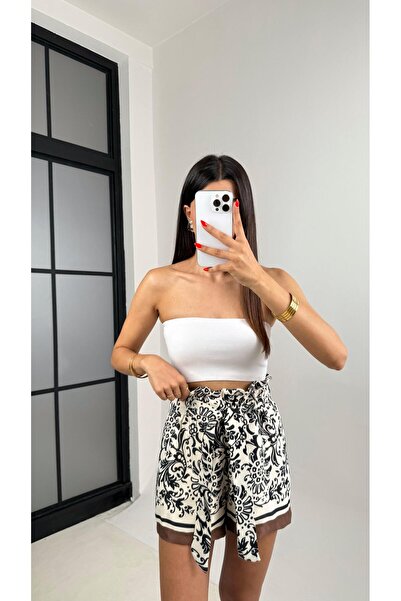 Gaus Kahve Etnik Desenli Kuşaklı Saten Şort GAUS-0021