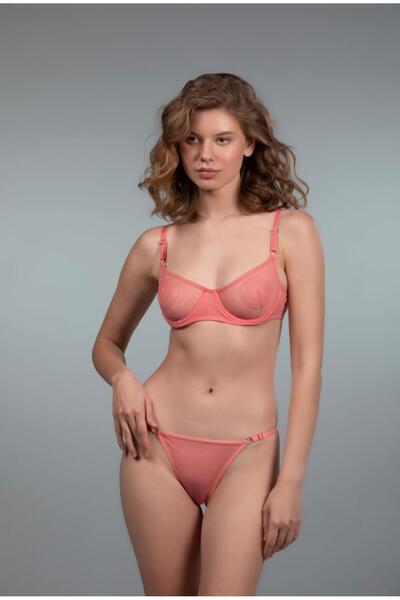 SiaLess Lingerie Women's Salmon Black Underwire Bra Thong Set Fancy See-Through Tulle Underwear Set