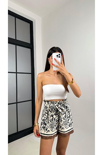 Gaus Kahve Etnik Desenli Kuşaklı Saten Şort GAUS-0021