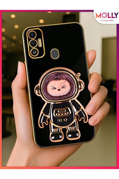 Molly TECNO SPARK 7T Için Siyah Labubu Astronot Standlı Gold Detaylı Lüks Sil...