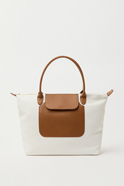 LUTVELIZADE Çanta 2517 - Önden Kapaklı Keten Dokulu Krem-Taba Kadın Çanta