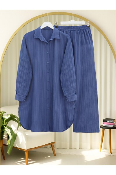 Modamorfo Buttoned Long Pants Crinkle Suit -Indigo