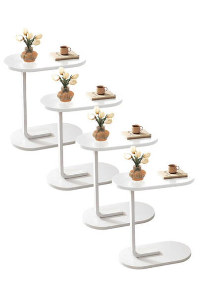 Generic 4-Pieces Modern Coffee Table | C-Shaped Side Table with White Wood Top and White Metal Frame