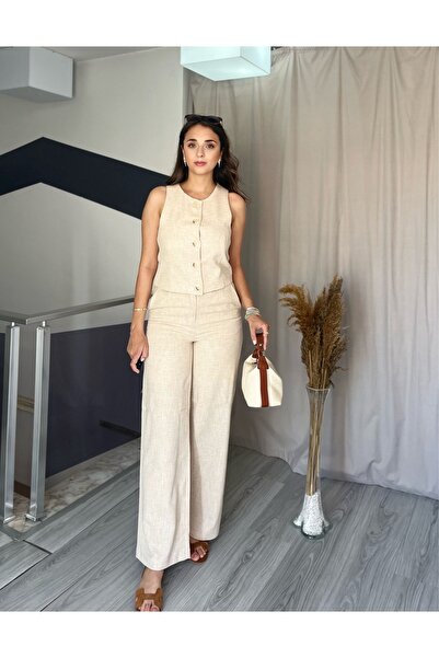 Starmount Butik Taş Renk Keten Yelekli Takım