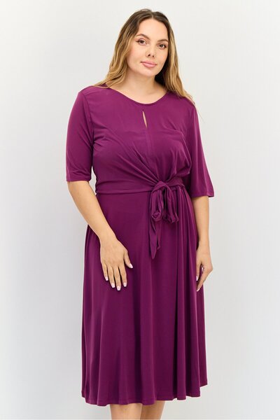 LONDON TIMES Women Solid Belted Midi Dress, Purple