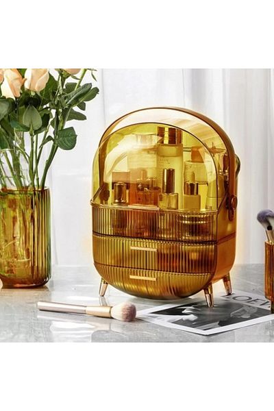 Kardett Yellow organizer box for cosmetics and makeup, with transparent lid and 3 drawers for the bathroom,