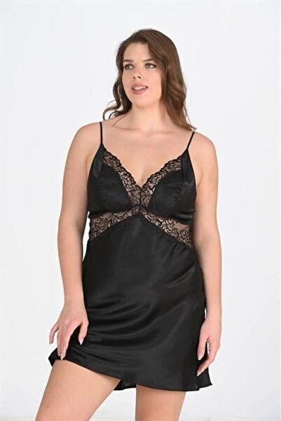 Aria's Closet طقم ملابس نوم من الساتان والدانتيل المطرز باللون الأسود من سيكر...