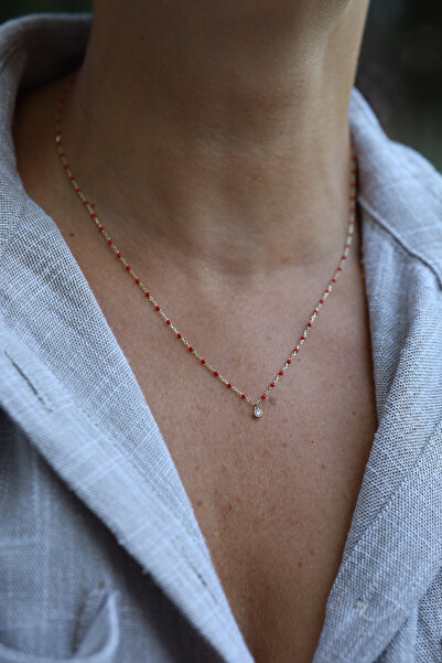 Yenigün Kuyumculuk 14 Ayar Altın Kırmızı Boncuklu ve Tek Taş Detaylı Set