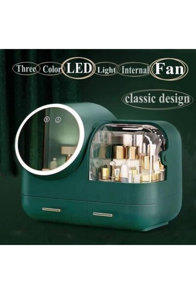 Kardett Green makeup organizer with LED mirror, USB, fan, drawers – Multifunctional cosmetic box