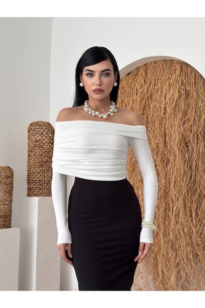 conconmoda Ivory Drapeli Omuz Açık Detay Uzun Elbise
