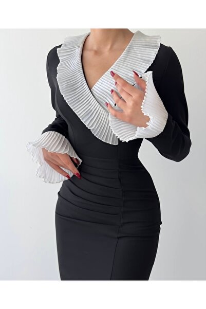 Starmount Butik Siyah Vintage Uzun Drapeli Yırtmaçlı elbise